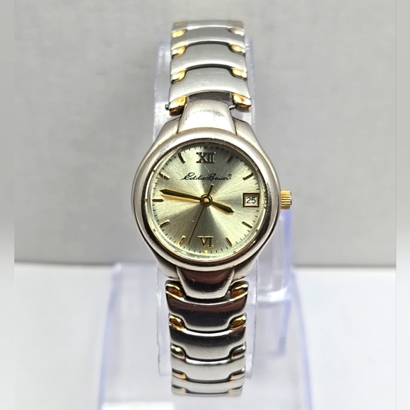 Eddie Bauer Date Watch 22mm Silver Gold Two Tone New Battery Runs - Picture 1 of 9